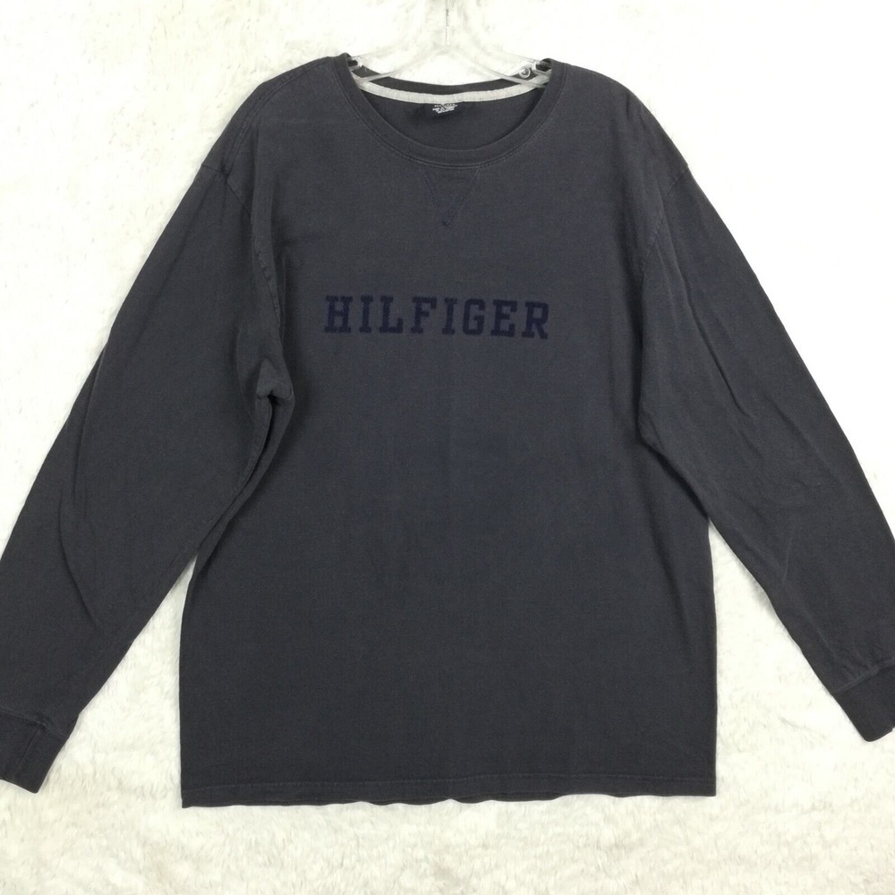 Vtg Tommy Hilfiger Mens Shirt Long Sleeve Tee Blue Logo Crew Neck L